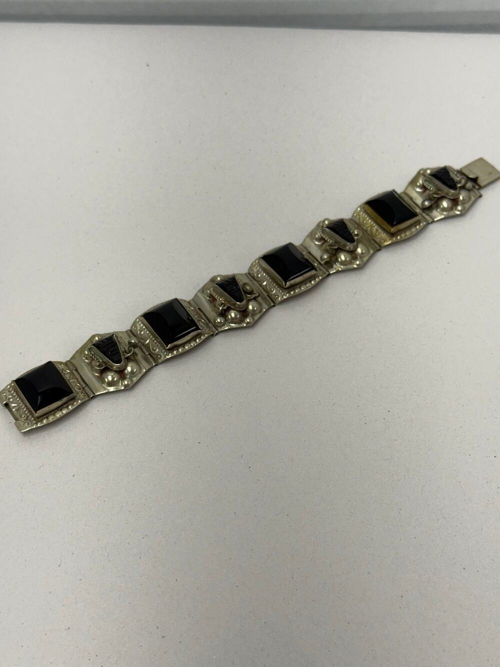 Vintage Taxco Mexican Panel Bracelet Sterling Silver Black Onyx Inlays Size 6.5